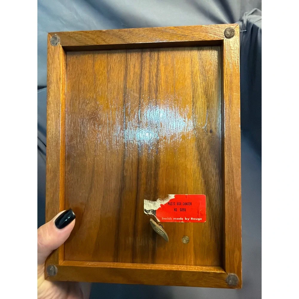 Vintage Reuge Swiss Music Box Dancer Wood Jewelry Box Frosted Leaded Glass Lid